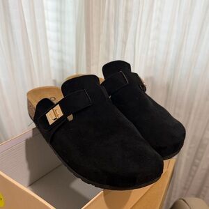 Black Suede Clogs with Buckle